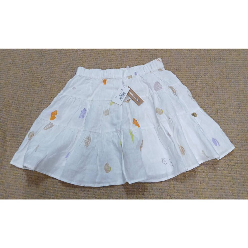 Roller rabbit womens small LEONE ASHTON flare mini skirt tiered 100% linen white